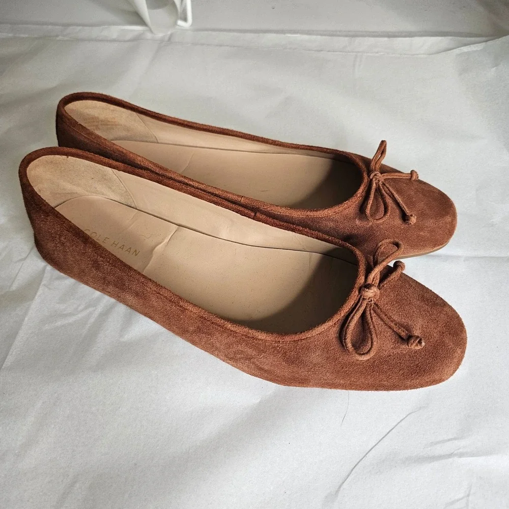 Cole Haan Pecan Brown Suede Ballet Flats Bow Round Toe Womens 10.5